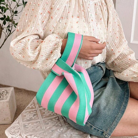 Pink Casual Women's Duke Crochet Stripe Pattern Lattice Handheld Bag - Picture 7 of 10